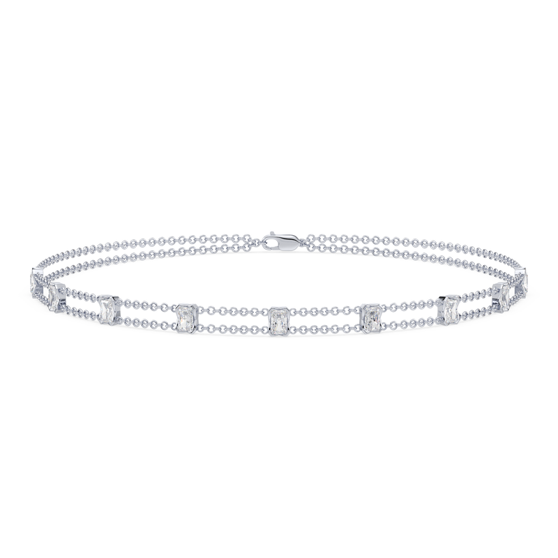 Full view of the Revel Radiant Lab Diamond Choker Necklace in 14K yellow gold, featuring layered dual chains and radiant-cut lab diamonds.

