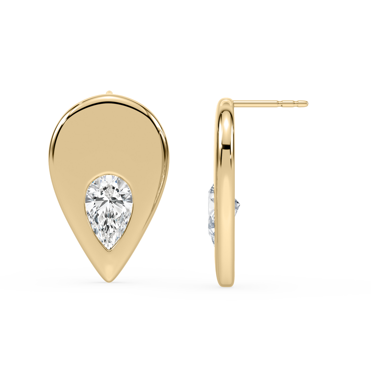 A pair of gold stud earrings with a pear-shaped diamond in a sleek, modern design.