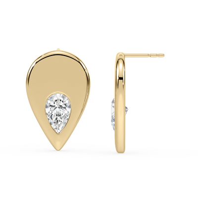 A pair of gold stud earrings with a pear-shaped diamond in a sleek, modern design.