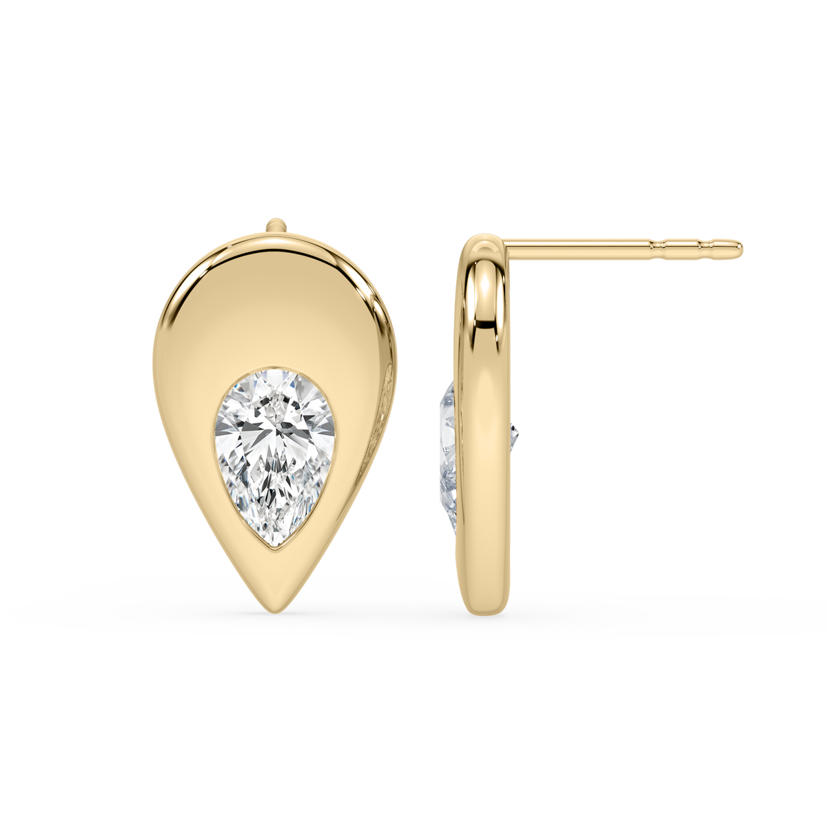 A pair of gold-colored statement earrings with a pear-shaped lab-grown diamond accent, displayed against a white background.