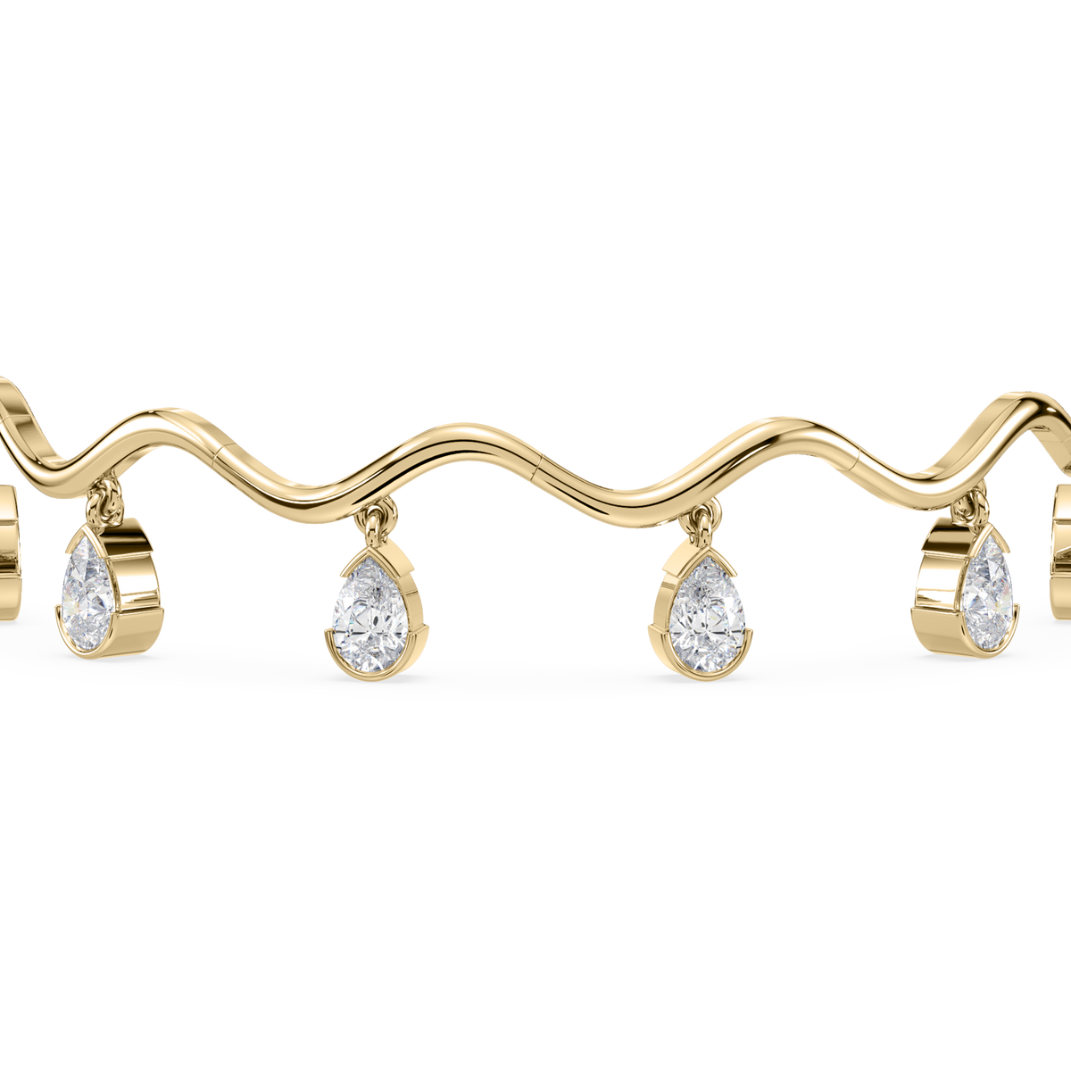 Side profile highlighting the hinged fringe design and sculptural links.

