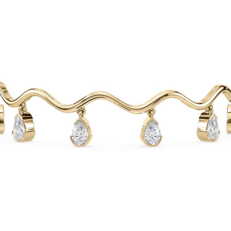 Side profile highlighting the hinged fringe design and sculptural links.

