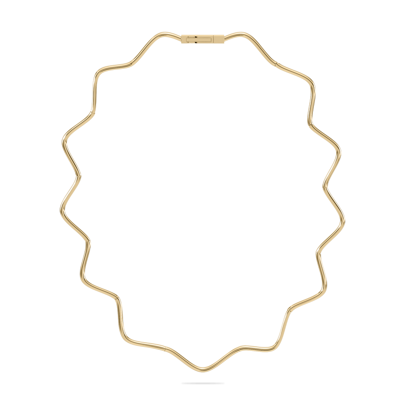 Front view of the Coquette Wave Necklace in 14K yellow gold, showcasing its sculptural wave design.