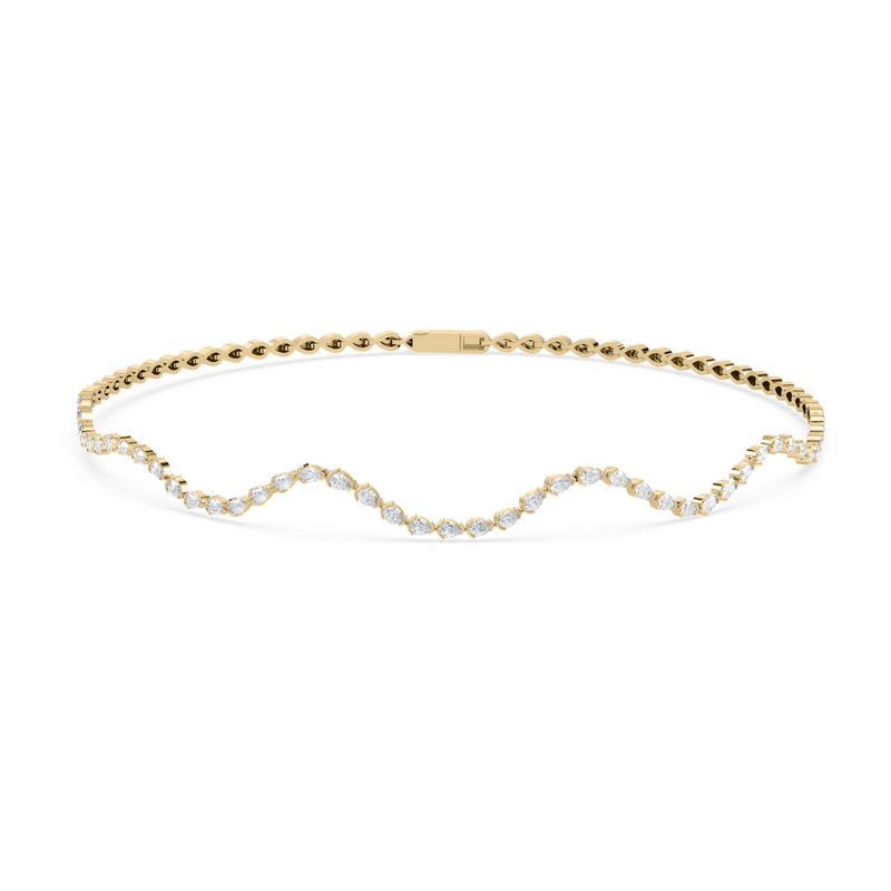Side profile highlighting the half-bezel settings and pear-shaped lab-grown diamonds.

14k yellow gold