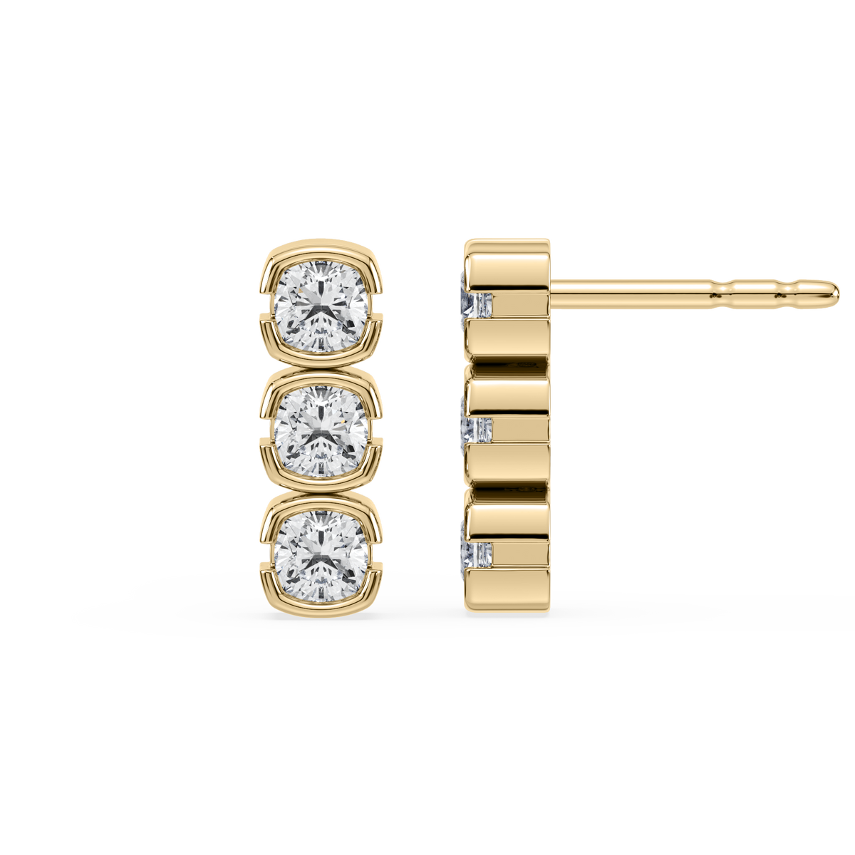 Gold earrings with diamond studs on a white background
