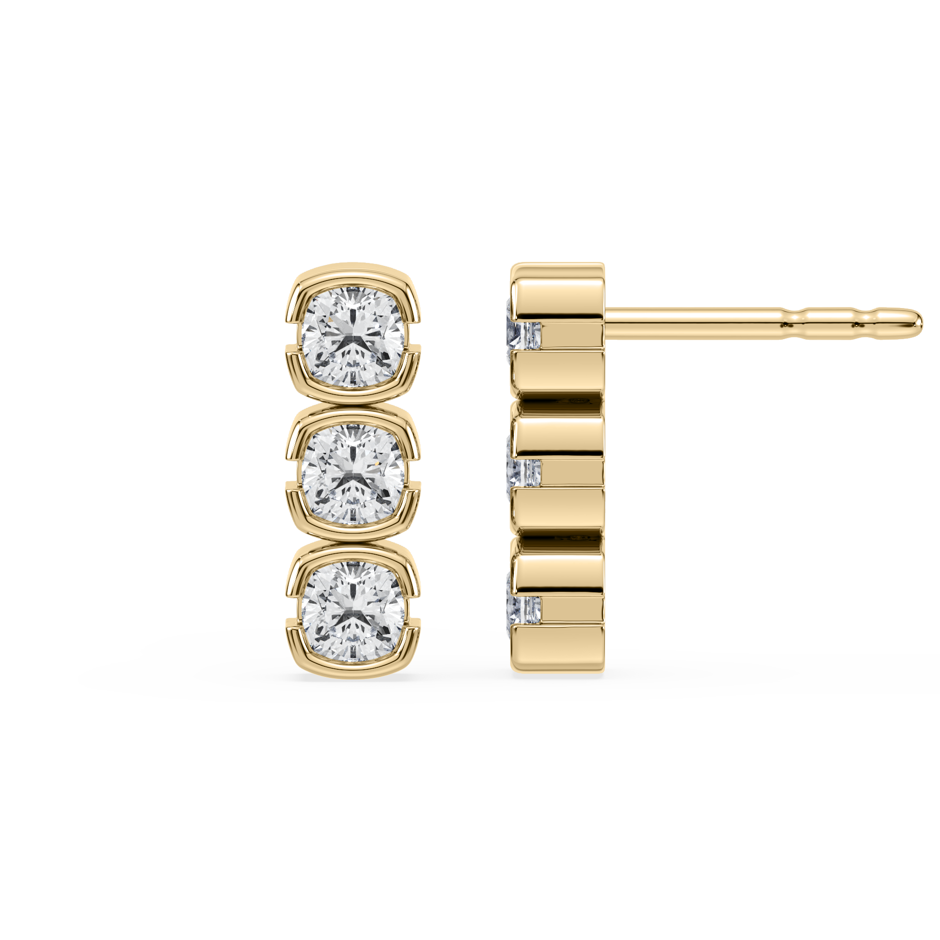 Gold earrings with diamond studs on a white background