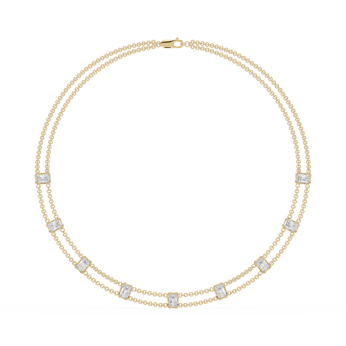 Full view of the Revel Radiant Lab Diamond Choker Necklace in 14K yellow gold, featuring layered dual chains and radiant-cut lab diamonds.

