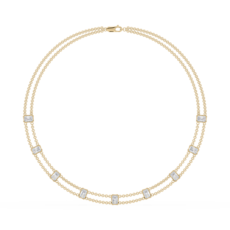 Full view of the Revel Radiant Lab Diamond Choker Necklace in 14K yellow gold, featuring layered dual chains and radiant-cut lab diamonds.

