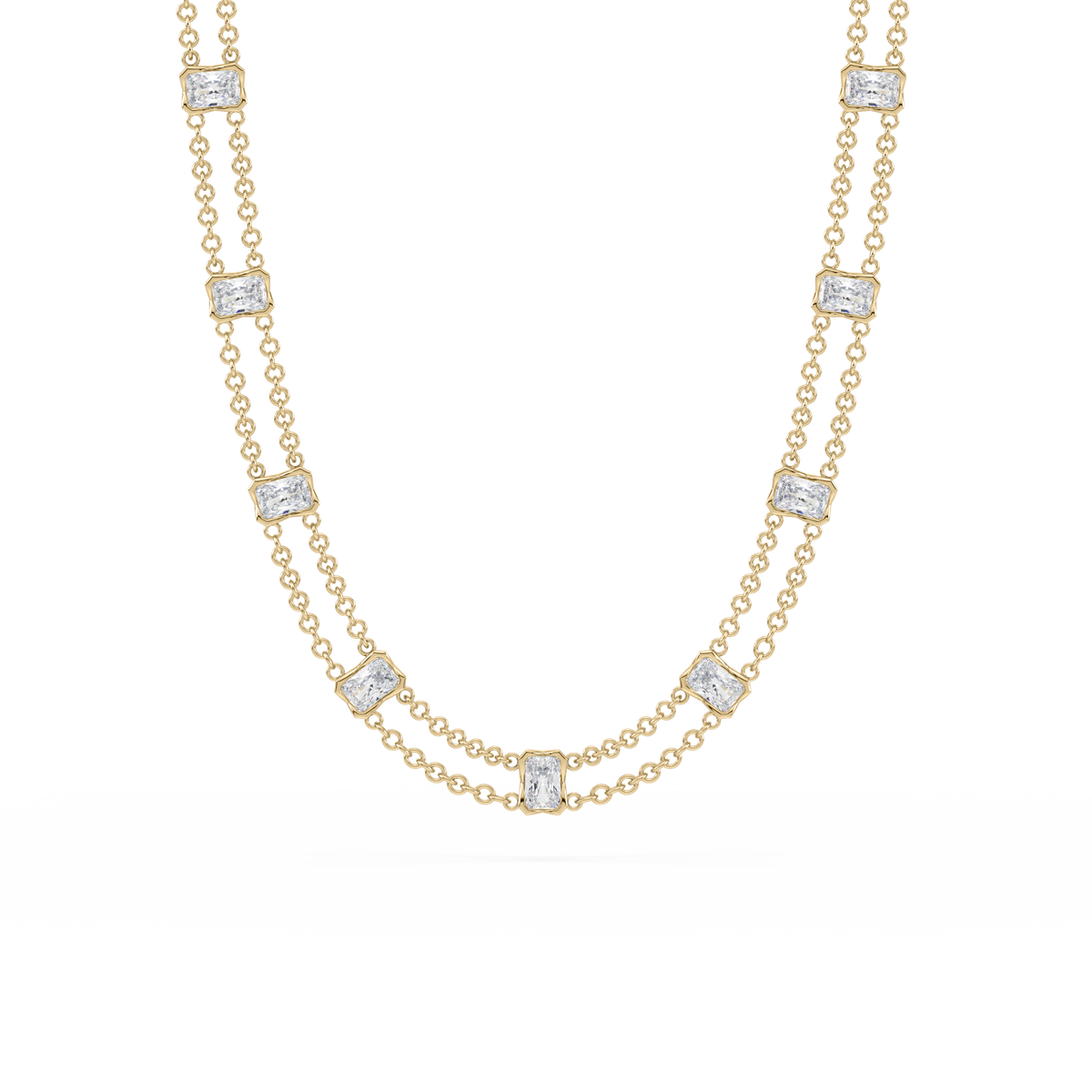 Full view of the Revel Radiant Lab Diamond Choker Necklace in 14K yellow gold, featuring layered dual chains and radiant-cut lab diamonds.


