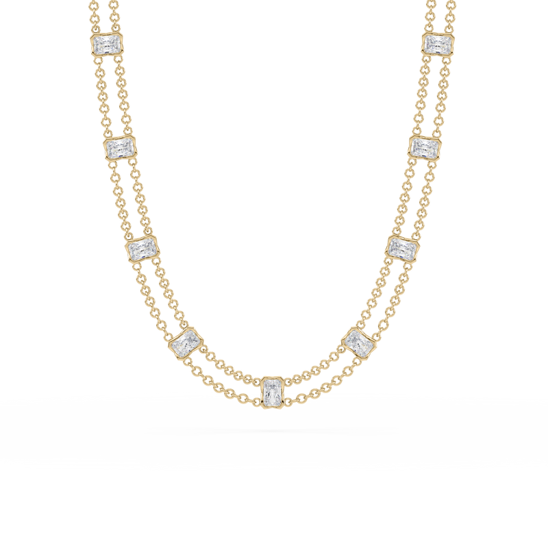 Full view of the Revel Radiant Lab Diamond Choker Necklace in 14K yellow gold, featuring layered dual chains and radiant-cut lab diamonds.

