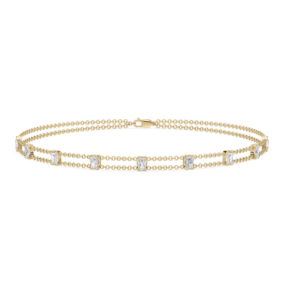 Full view of the Revel Radiant Lab Diamond Choker Necklace in 14K yellow gold, featuring layered dual chains and radiant-cut lab diamonds.

