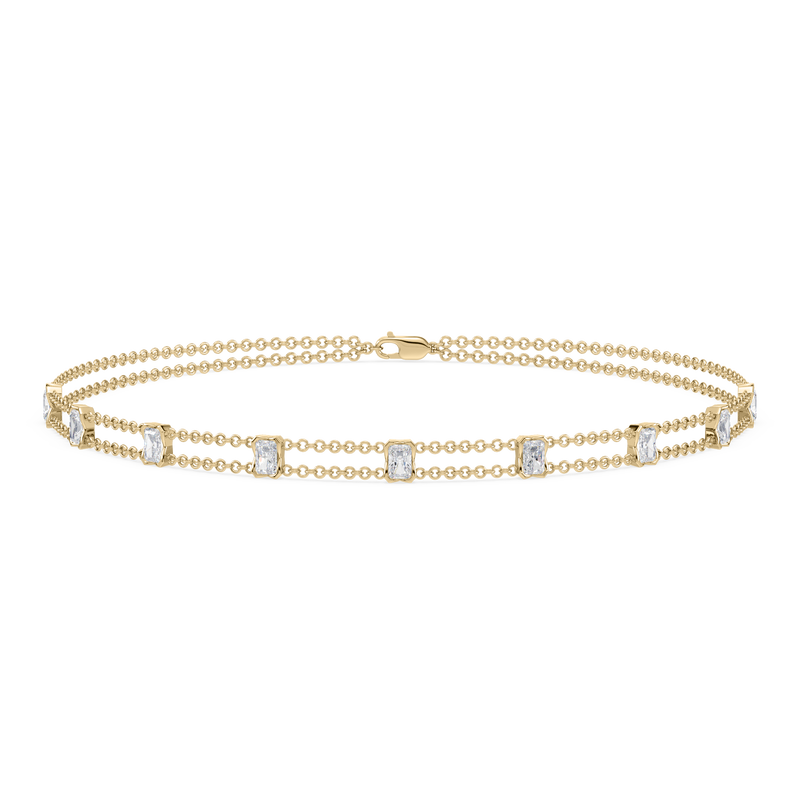 Full view of the Revel Radiant Lab Diamond Choker Necklace in 14K yellow gold, featuring layered dual chains and radiant-cut lab diamonds.

