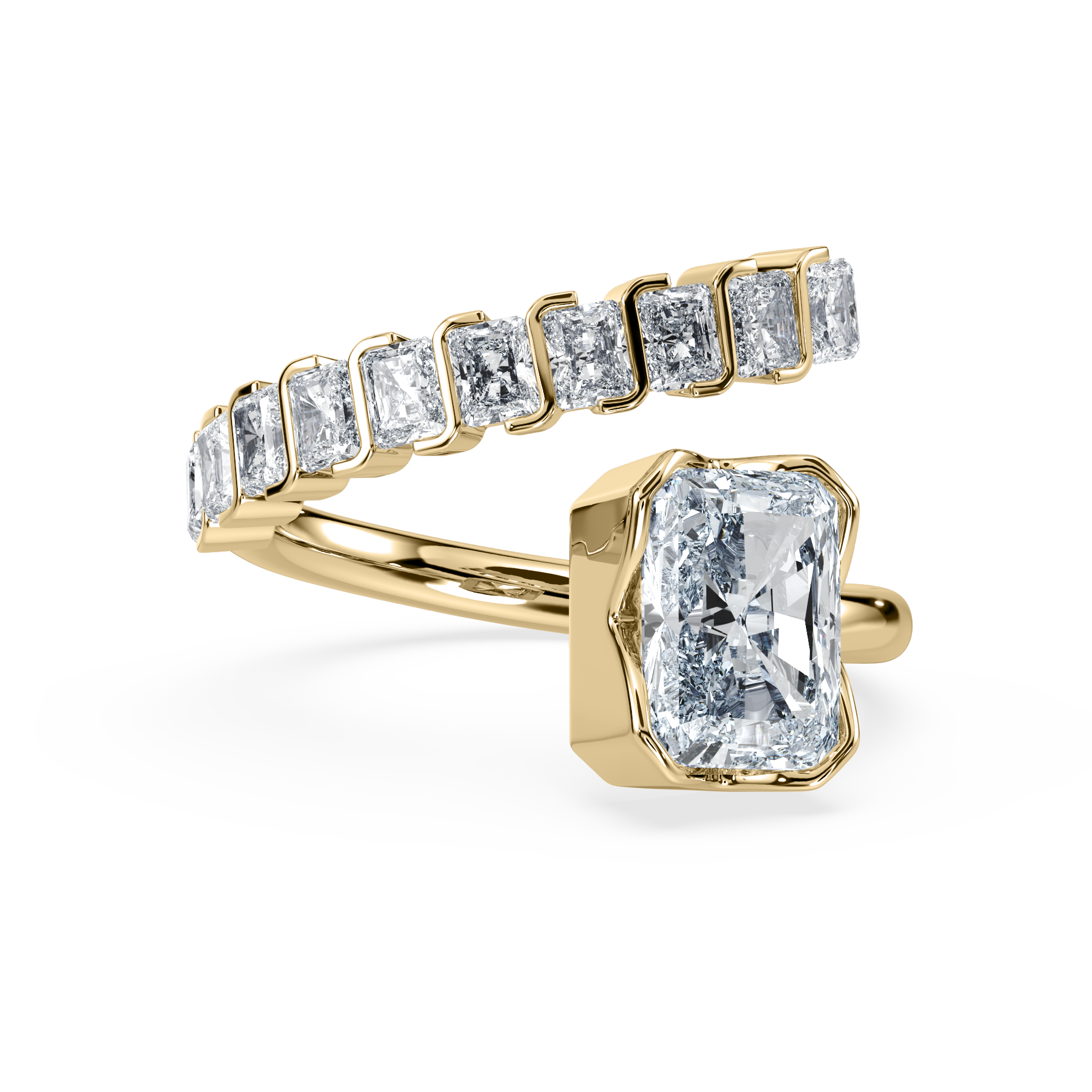 Gold ring with a large diamond and smaller diamonds on a white background