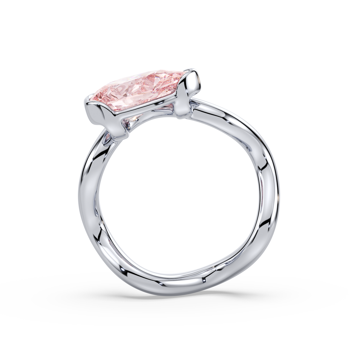 Pink pear-shaped 1 CT lab diamond ring in an 18K white gold sculptural band on a white background.