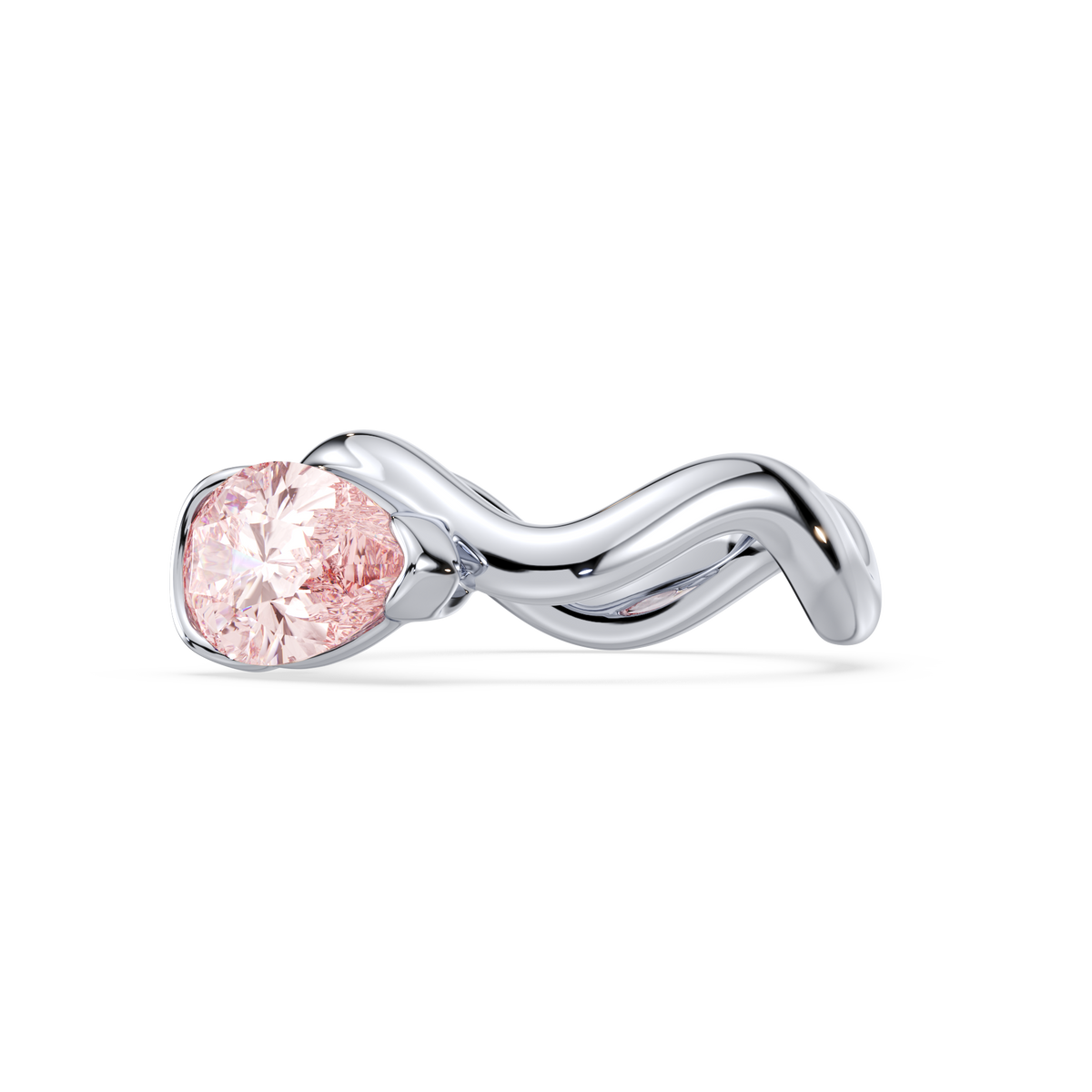 Angled view of a pink pear-shaped 1 CT lab diamond ring in an 18K white gold sculptural band.
