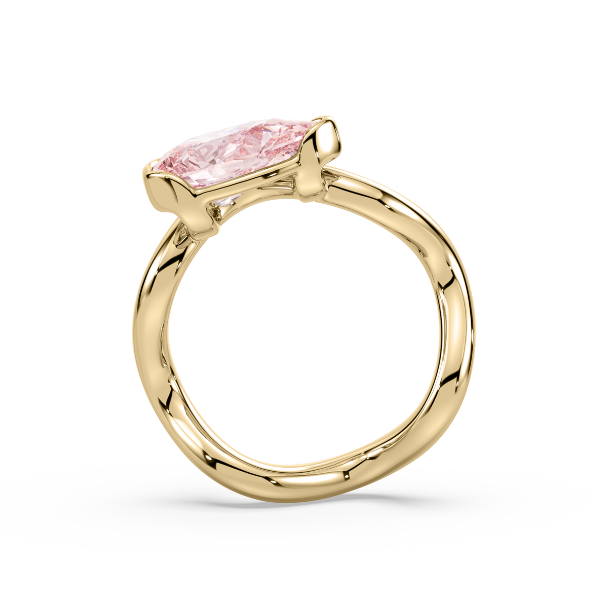 Pink pear-shaped 1 CT lab diamond ring in an 18K yellow gold band shown from the side profile.