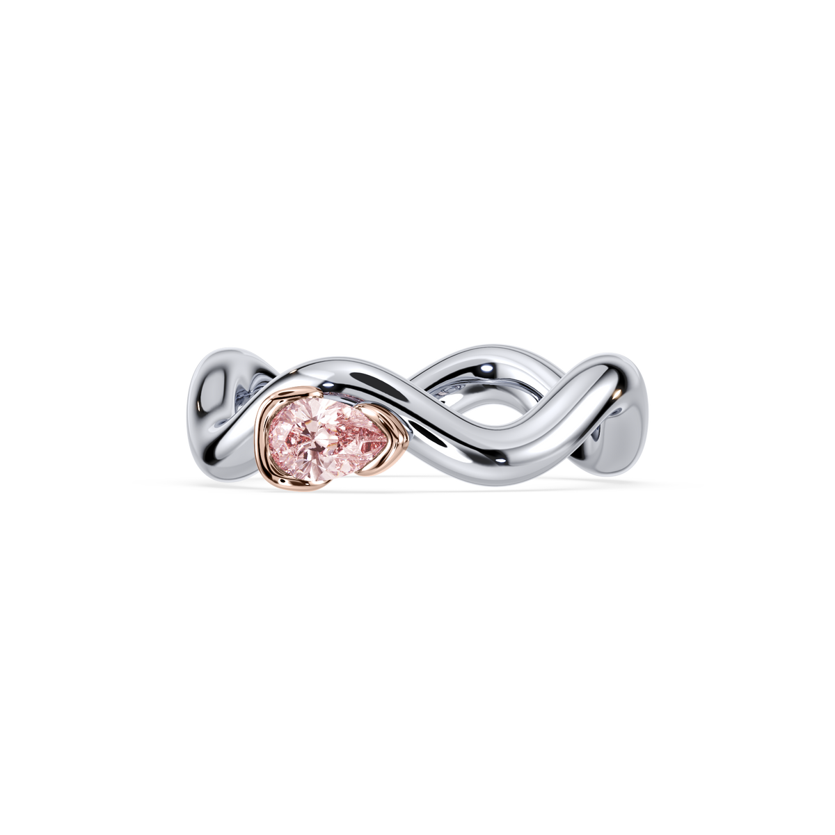 0.2 CT pink lab diamond ring in a sculptural sterling silver band with an 18K rose gold basket.