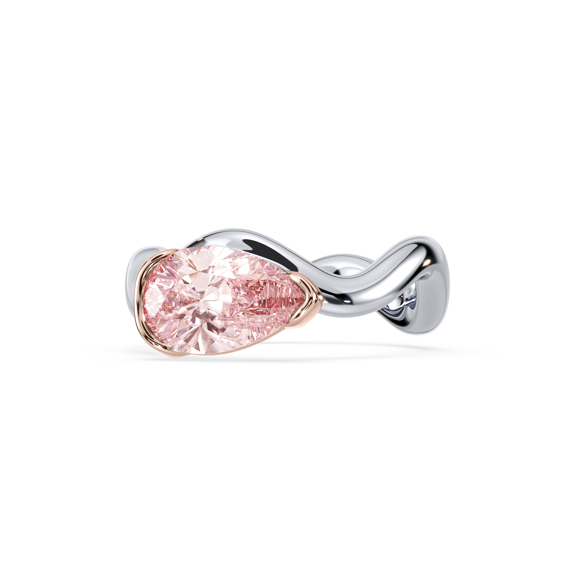 Silver earring with a pink lab diamond on a white background