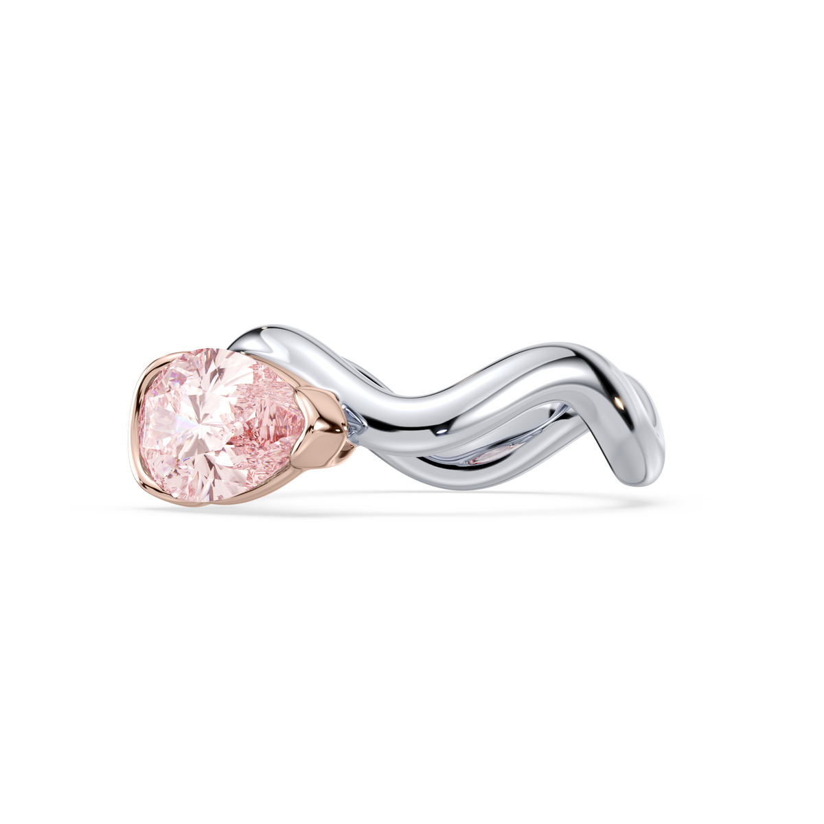 0.2 CT pink lab diamond ring in a sculptural sterling silver band with 18K rose gold basket viewed at an angle.
