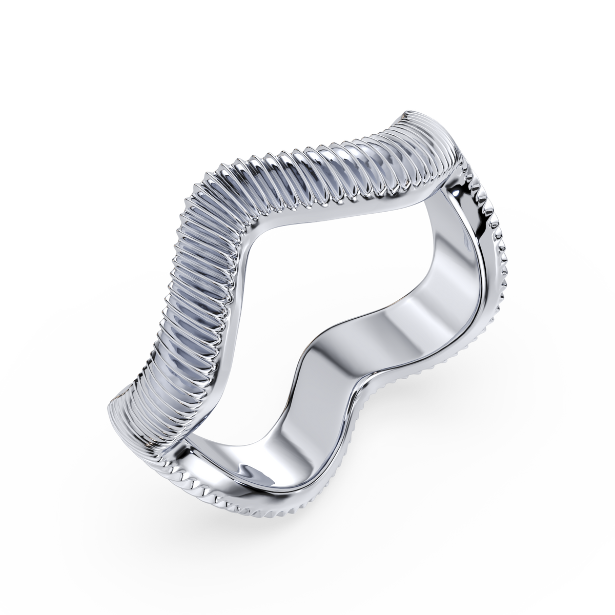 Angled view of a fluted sculptural ring with ribbed texture in white gold
