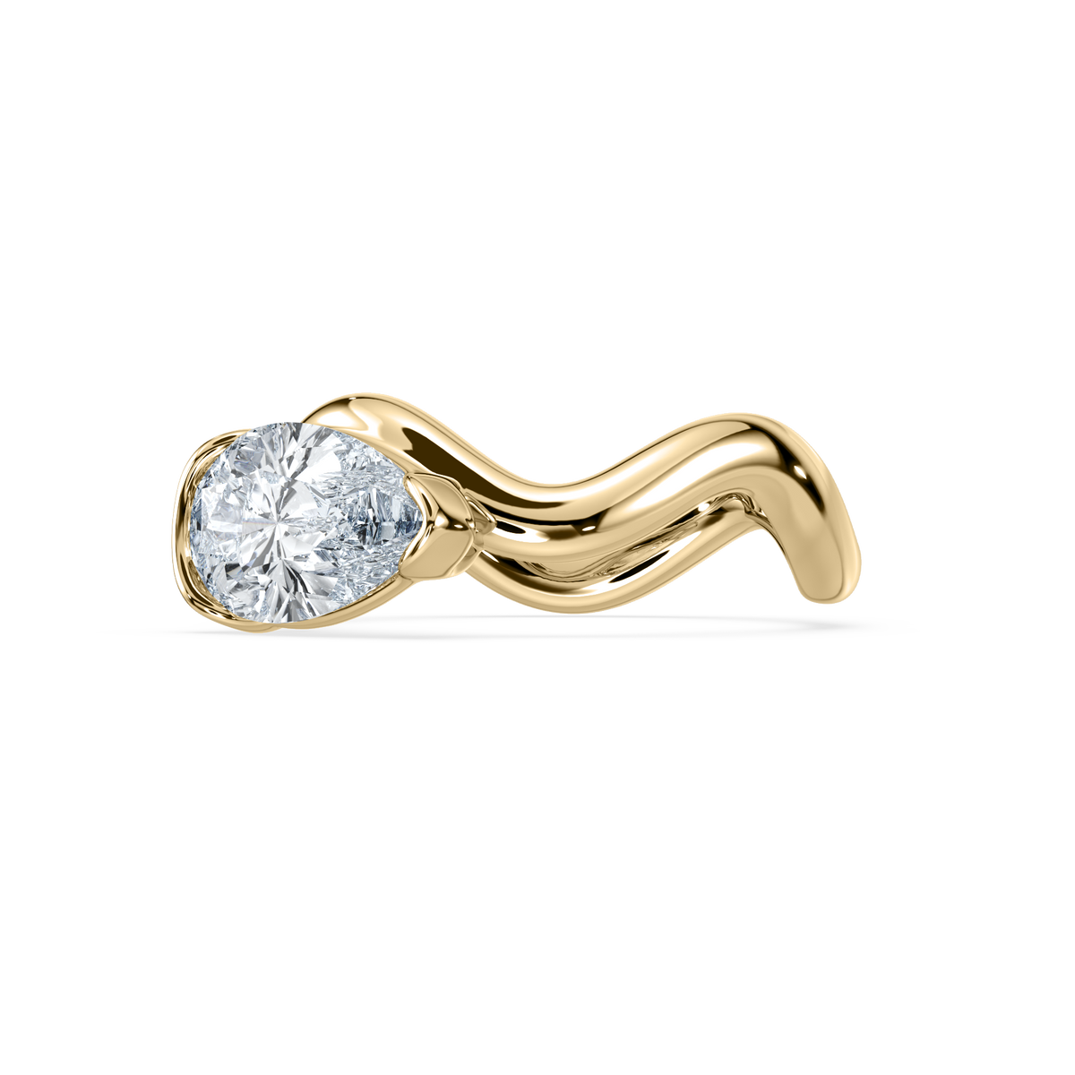A single Coquette Pinky Ring with a large clear diamond set in a curved, scalloped, 18KT yellow gold band.