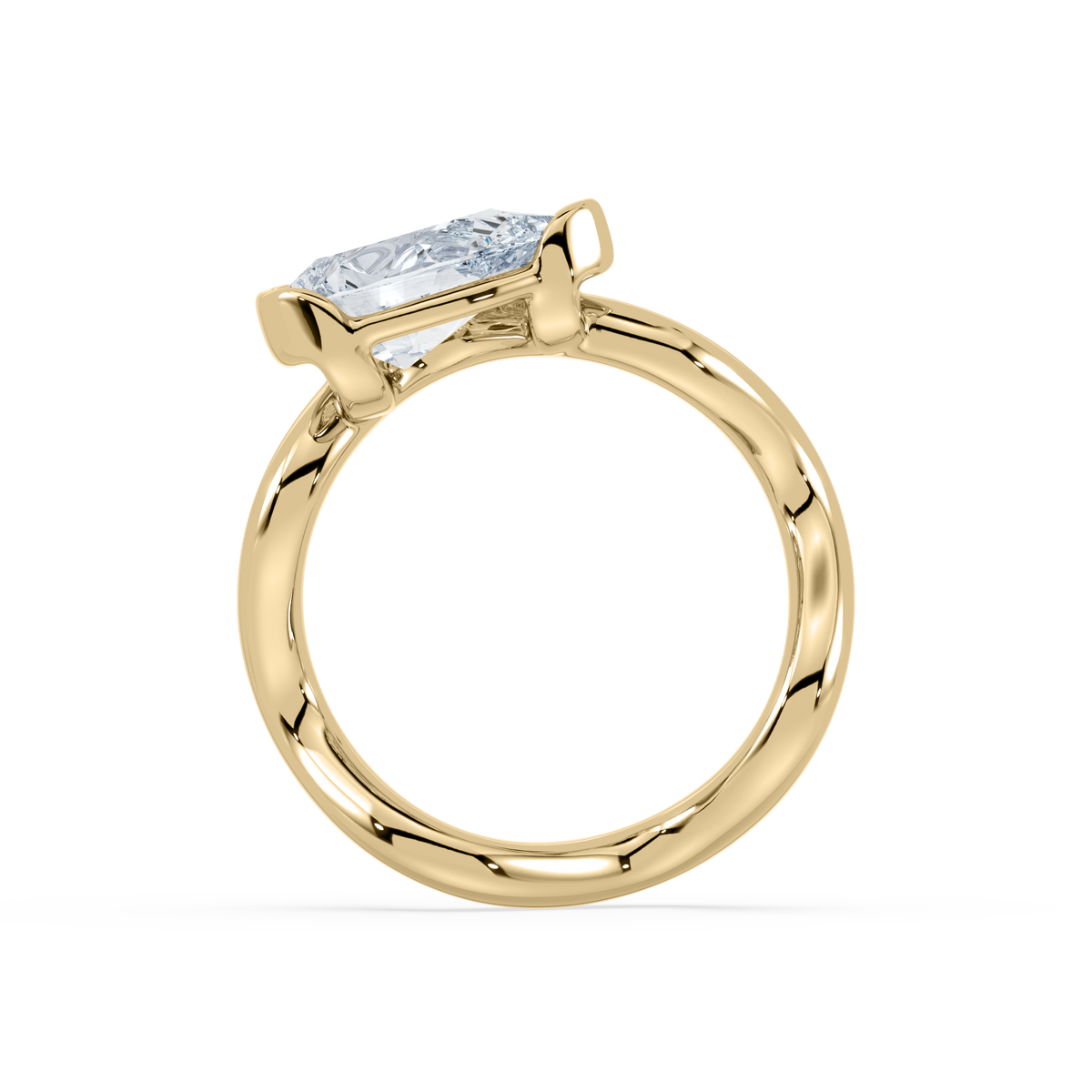 A single Coquette Pinky Ring with a large clear diamond set in a curved, scalloped, 18KT yellow gold band.