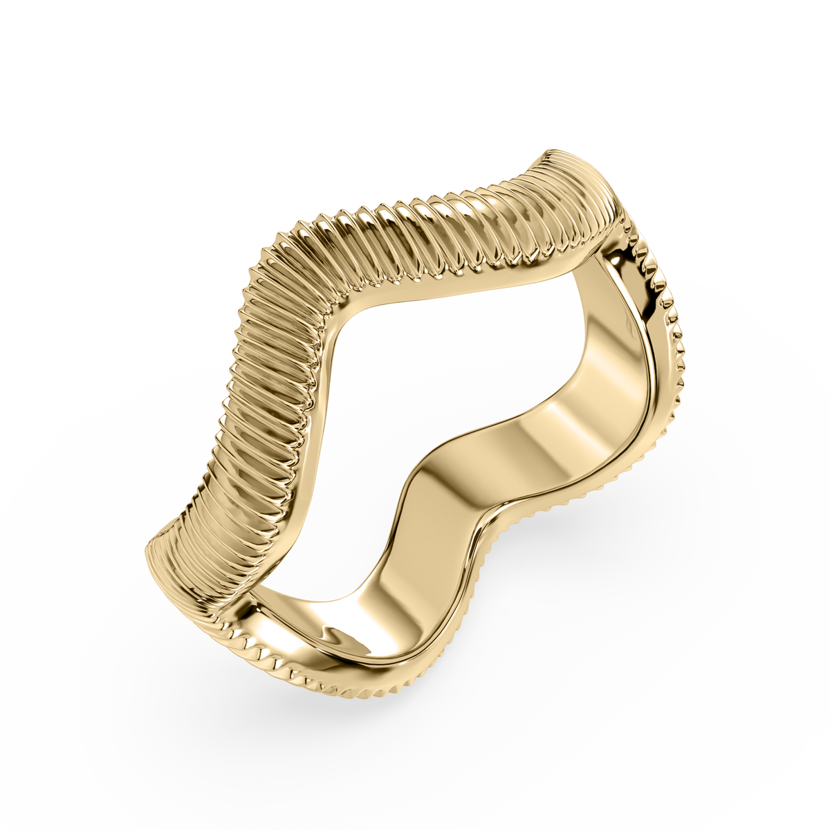 Angled view of a fluted sculptural ring with ribbed texture in 18K yellow gold.