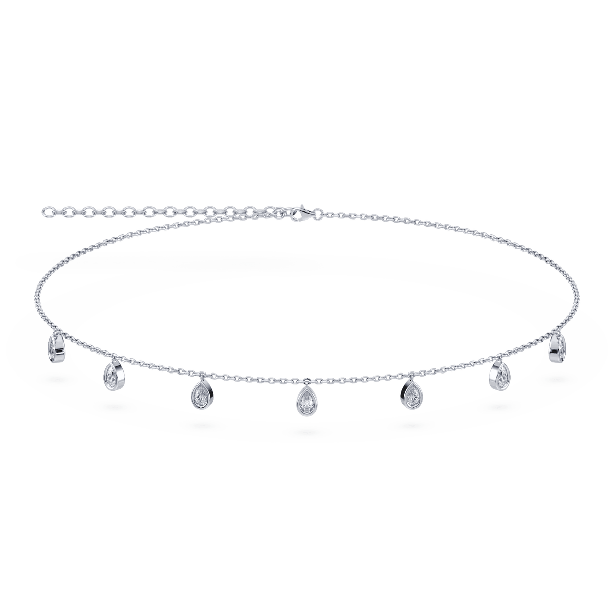 Front view of the Aura Pear Lab Diamond Necklace in 14K white gold, showcasing asymmetrical bezels and pear-cut lab-grown diamonds.

