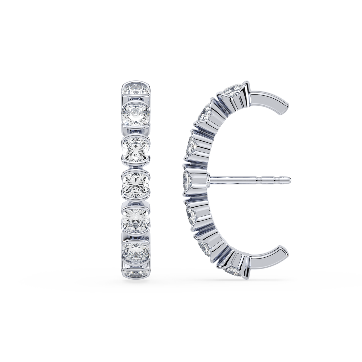 A pair of silver-toned diamond halo stud earrings shown from the side and back on a clean white background.