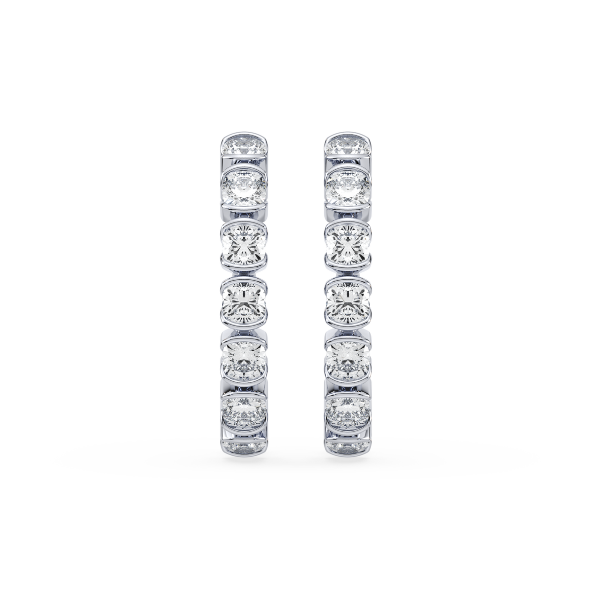 A pair of slim silver-toned eternity rings set with round-cut clear gemstones, shown vertically against a plain white background.