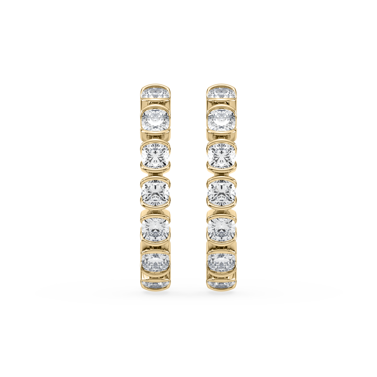 A pair of gold huggie hoop earrings with a continuous row of round-cut clear gemstones, shown on a plain white background.