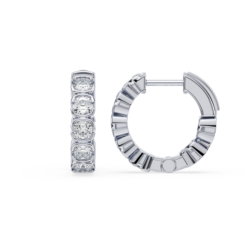 SETTE JEWELRY; MUSE HUGGIES HOOPS; CUSHION LAB DIAMOND HOOPS; BEZEL HUGGIES; 14K WHITE GOLD