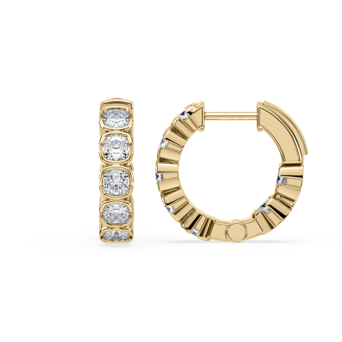 SETTE JEWELRY; MUSE HUGGIES HOOPS; CUSHION LAB DIAMOND HOOPS; BEZEL HUGGIES; 14K YELLOW GOLD