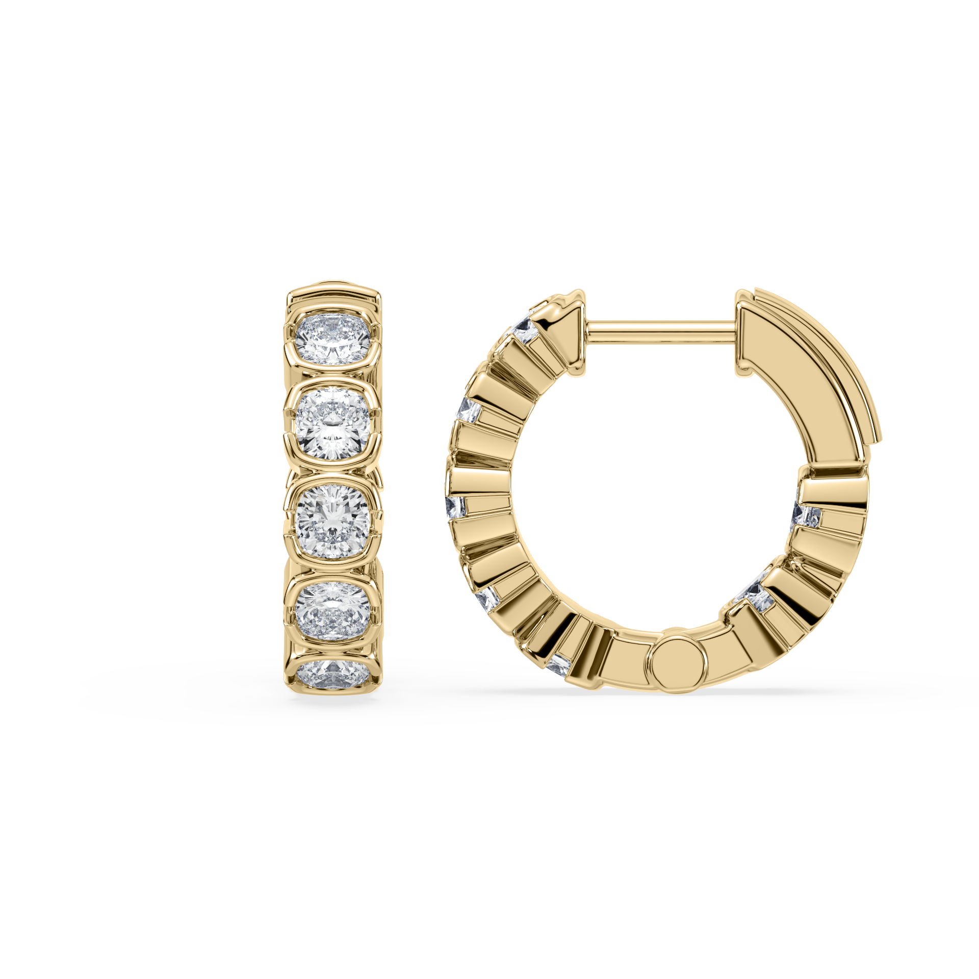 SETTE JEWELRY; MUSE HUGGIES HOOPS; CUSHION LAB DIAMOND HOOPS; BEZEL HUGGIES; 14K YELLOW GOLD