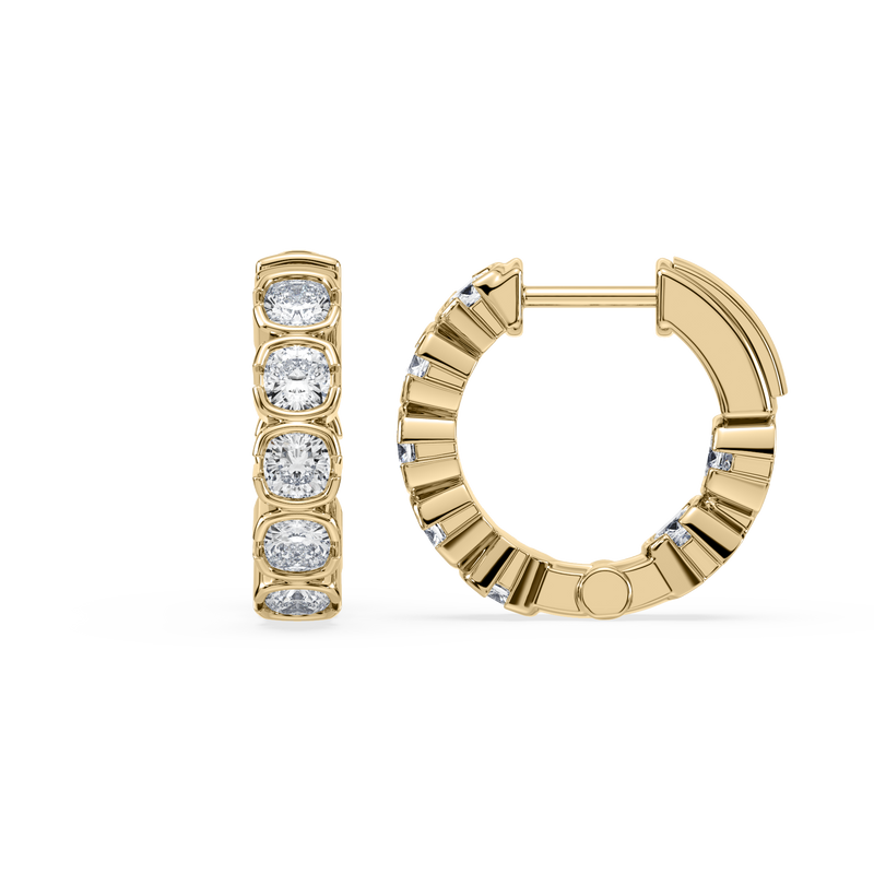 SETTE JEWELRY; MUSE HUGGIES HOOPS; CUSHION LAB DIAMOND HOOPS; BEZEL HUGGIES; 14K YELLOW GOLD