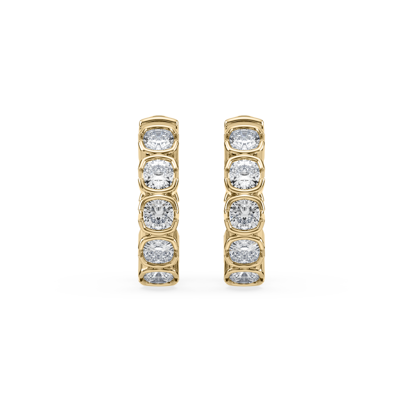 SETTE JEWELRY; MUSE HUGGIES HOOPS; CUSHION LAB DIAMOND HOOPS; BEZEL HUGGIES; 14K YELLOW GOLD