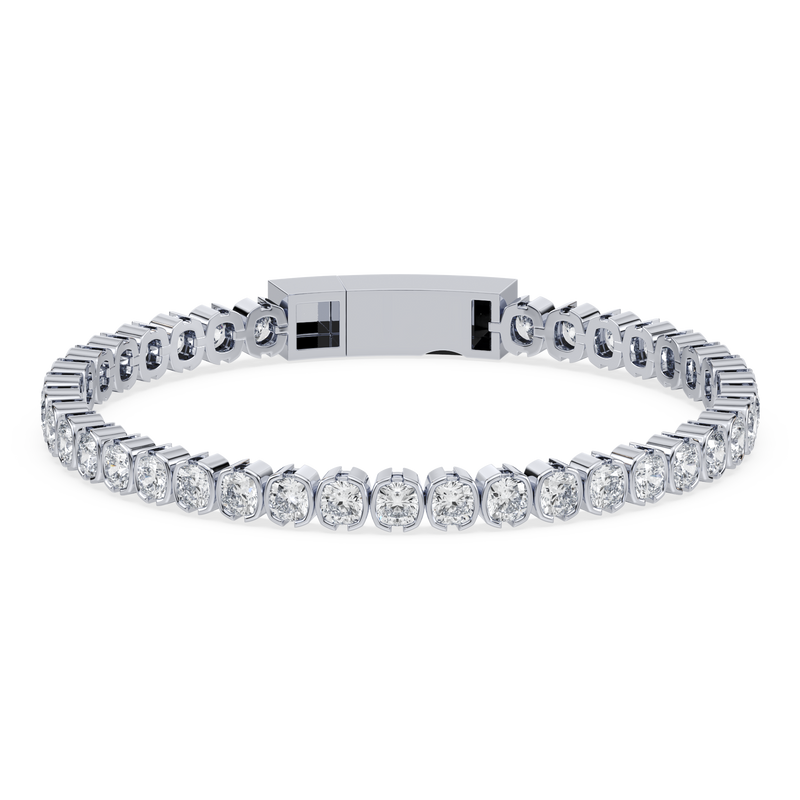 Front view of the Muse Cushion Lab Diamond Tennis Bracelet in 14K white gold, showcasing its semi-bezel setting and cushion-cut lab-grown diamonds.

