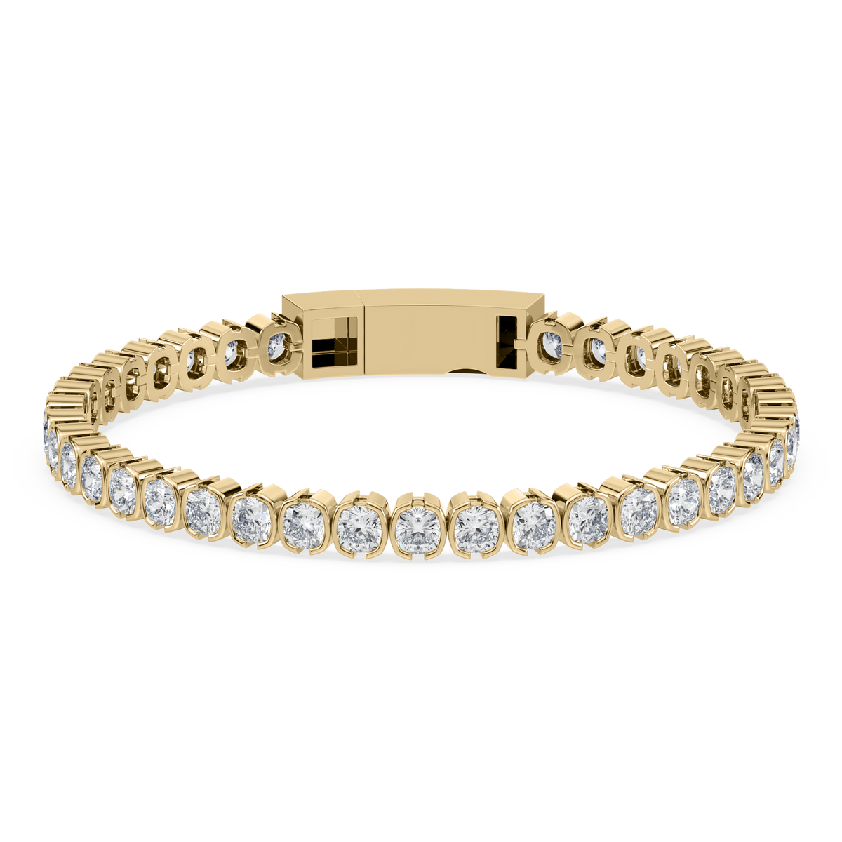 Front view of the Muse Cushion Lab Diamond Tennis Bracelet in 14K yellow gold, showcasing its semi-bezel setting and cushion-cut lab-grown diamonds.