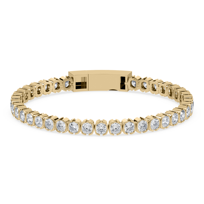 Front view of the Muse Cushion Lab Diamond Tennis Bracelet in 14K yellow gold, showcasing its semi-bezel setting and cushion-cut lab-grown diamonds.