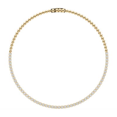 Front view of the Muse Cushion Lab Diamond Tennis Necklace in 14K yellow gold, showcasing its semi-bezel setting and cushion-cut lab diamonds.