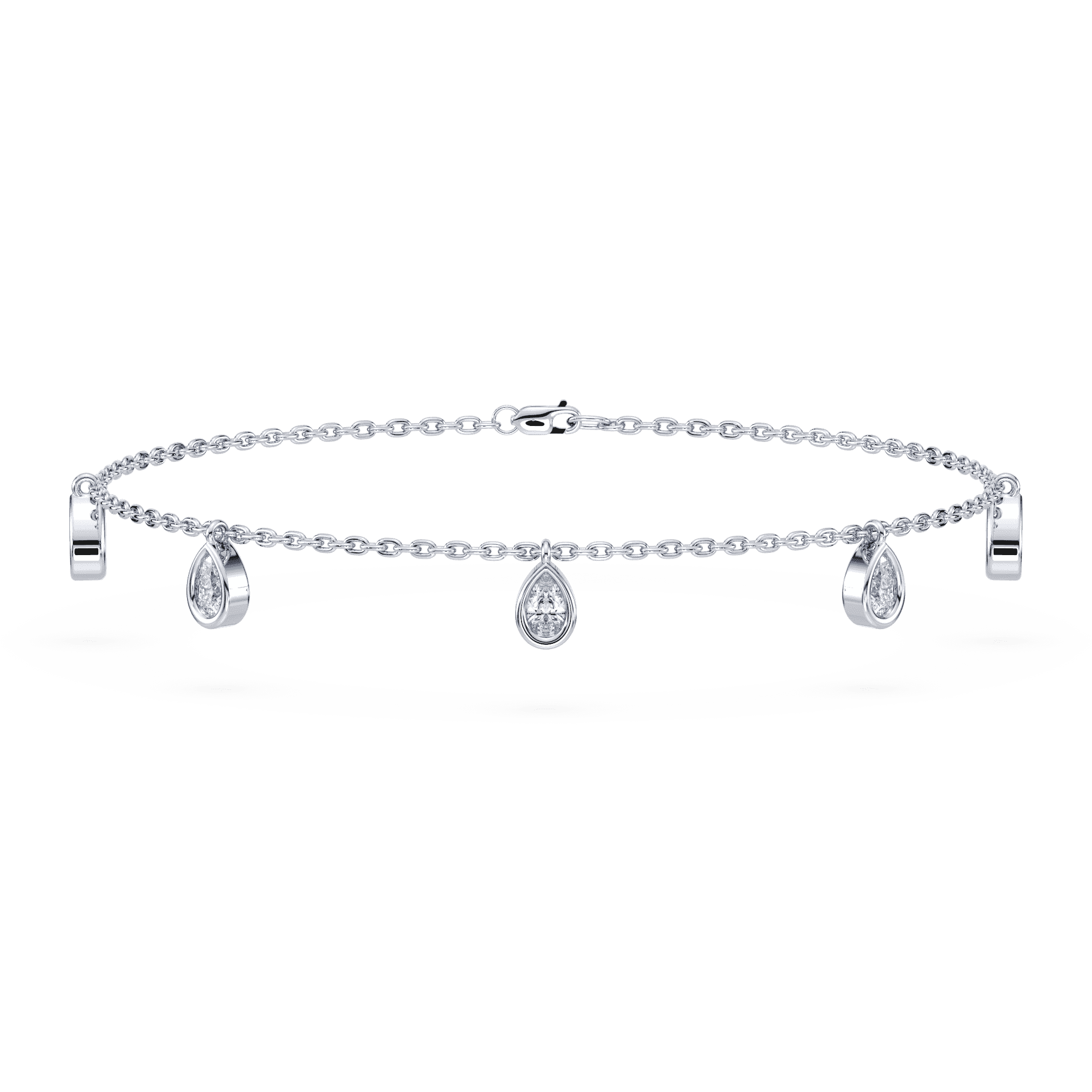 Front view of the Sterling Silver Aura Pear Lab Diamond Bracelet, showcasing asymmetrical bezels and pear-cut lab-grown diamonds.