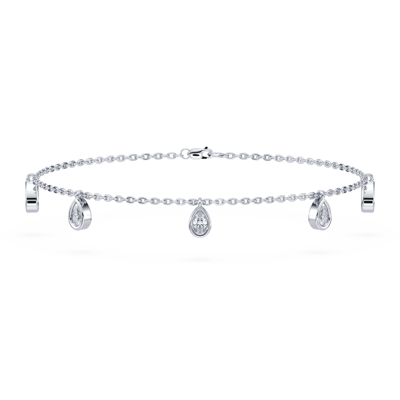 Front view of the Sterling Silver Aura Pear Lab Diamond Bracelet, showcasing asymmetrical bezels and pear-cut lab-grown diamonds.