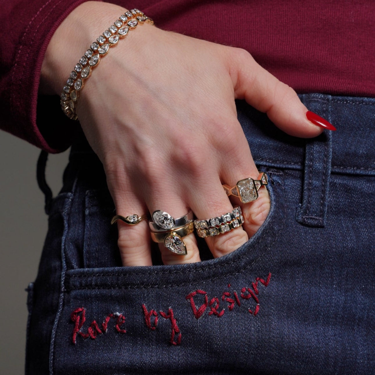 Woman wearing a full stack of rings