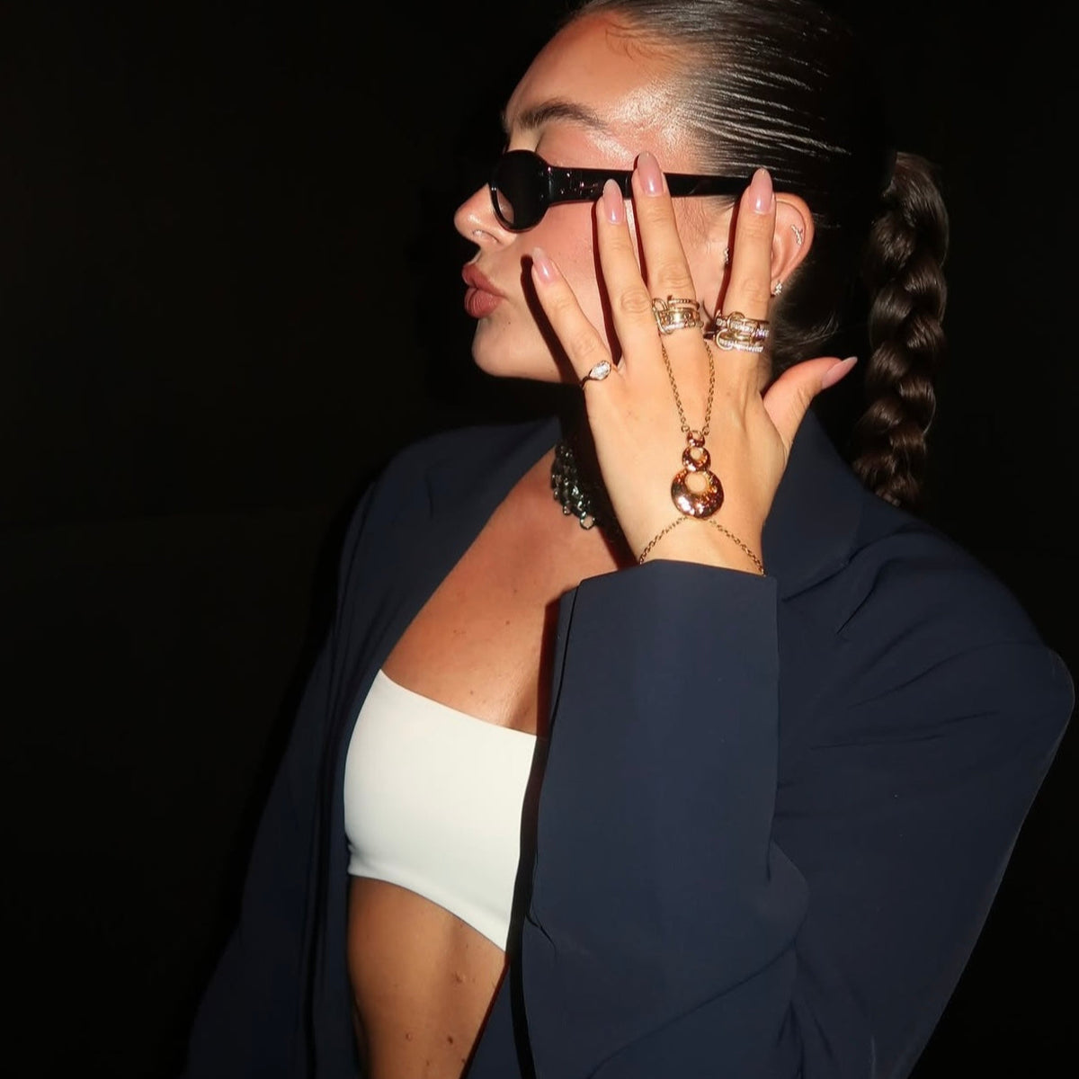 Kayla Caputo wearing a 1 carat Coquette Pinky Ring at New York Fashion Week