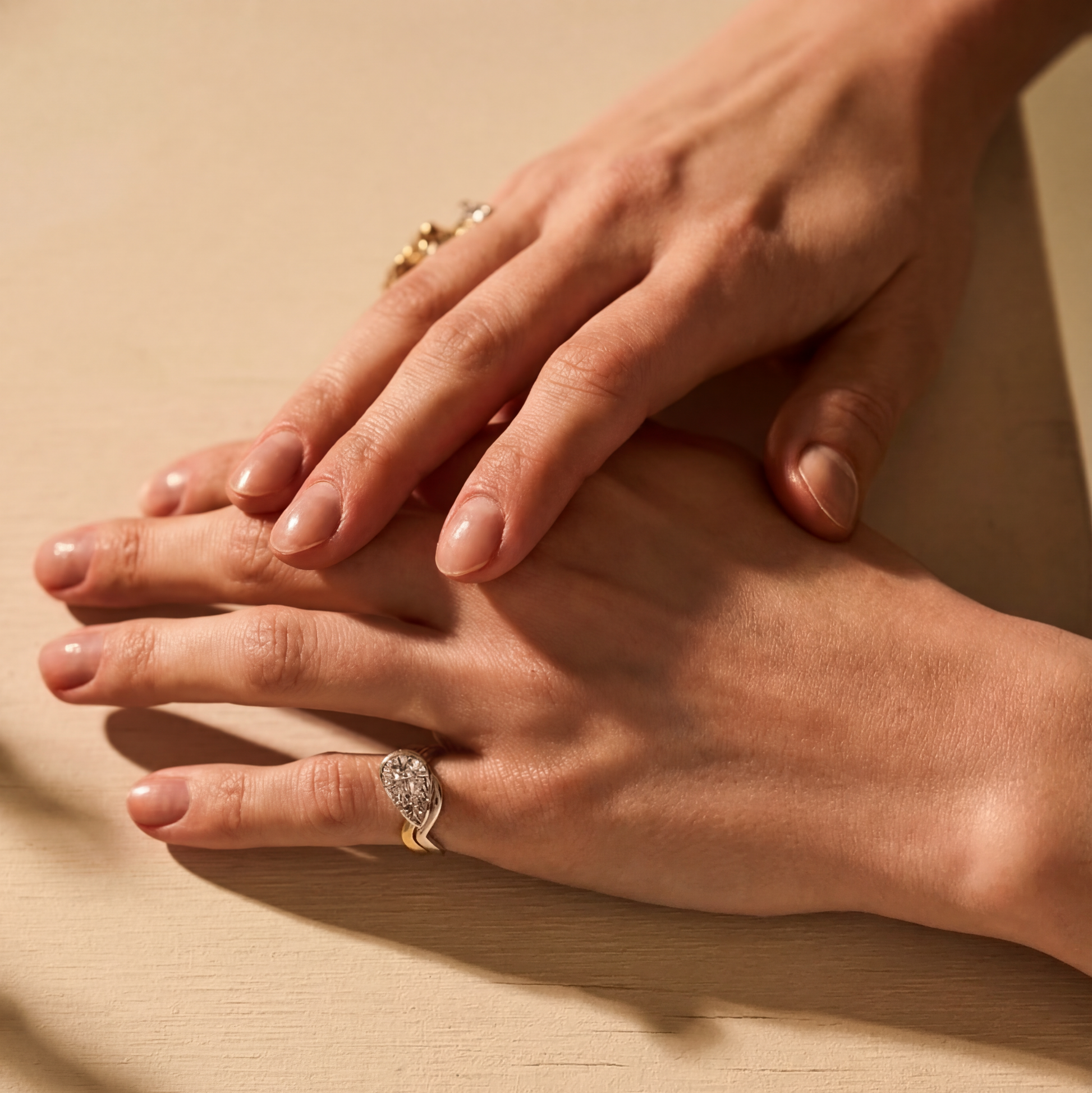 Close-up of hands with rings on a beige background