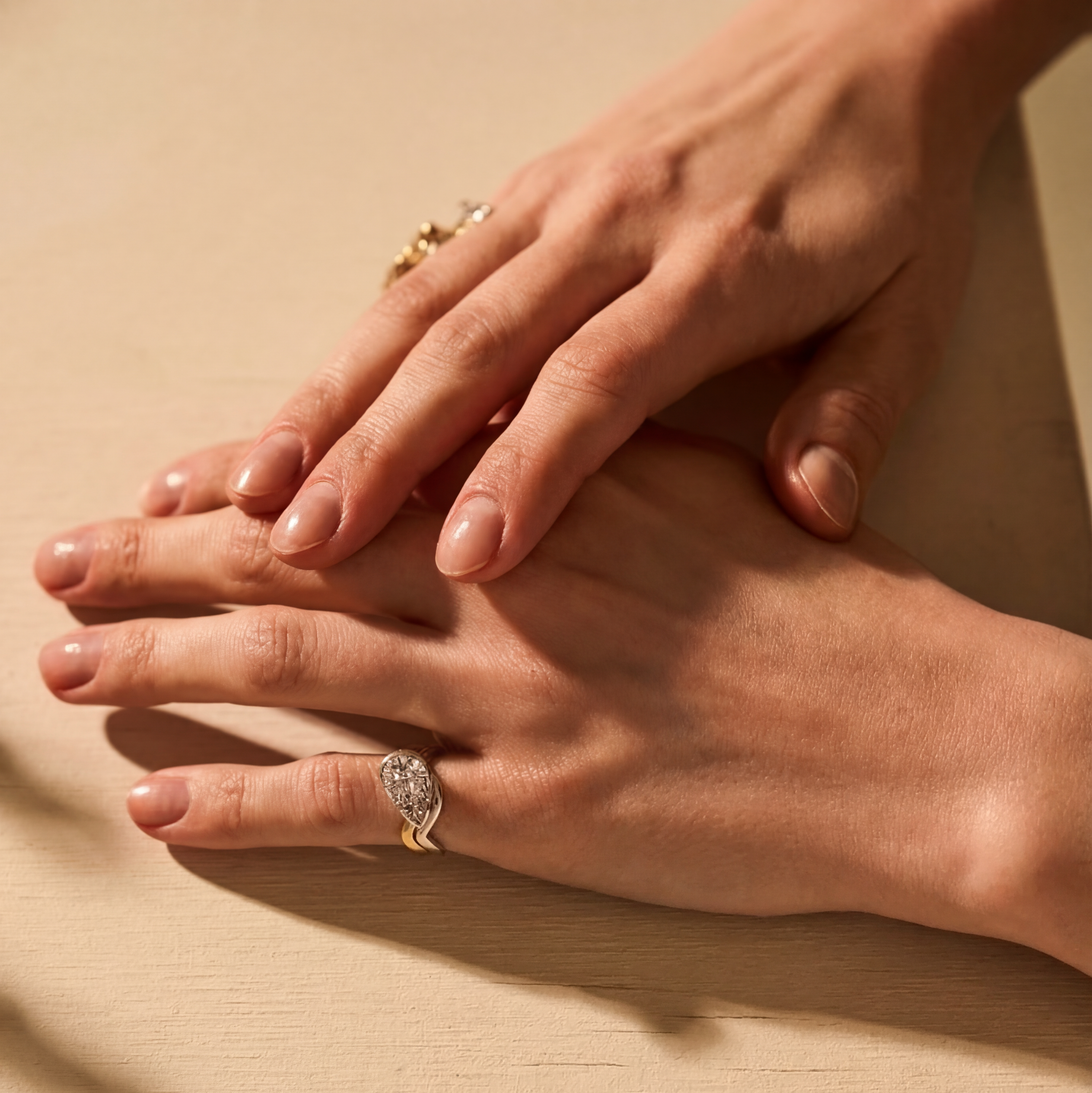 Close-up of hands with rings on a beige background