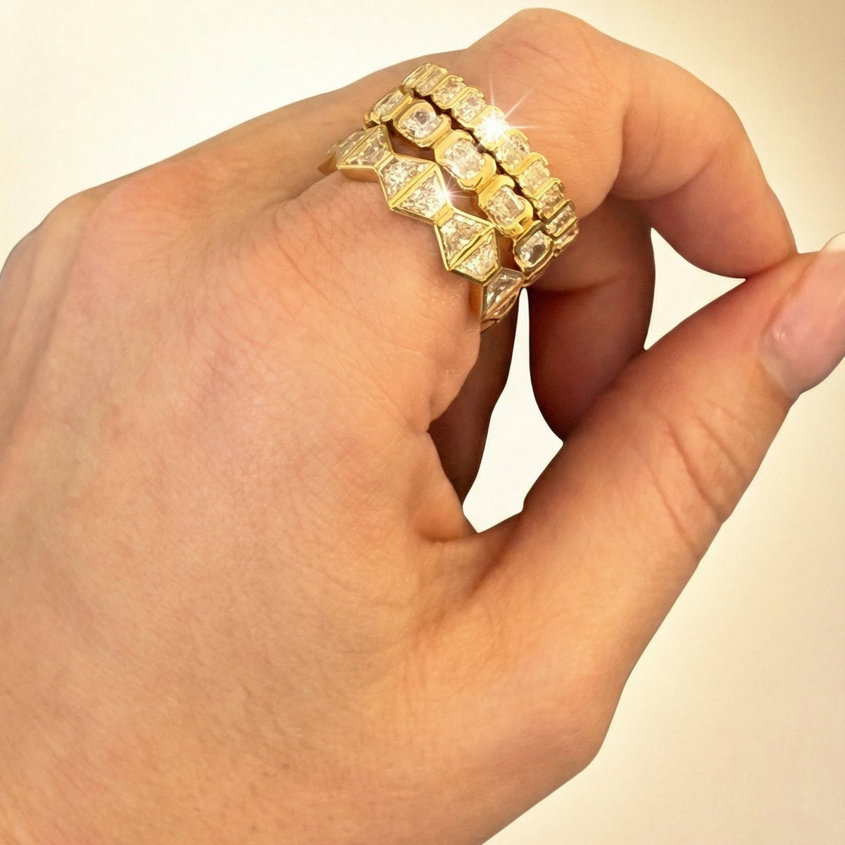 Eternity Bands on the pointer finger