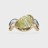 Light yellow pear-shaped lab-grown diamond ring in a sculptural two-tone gold setting viewed from 360 degree