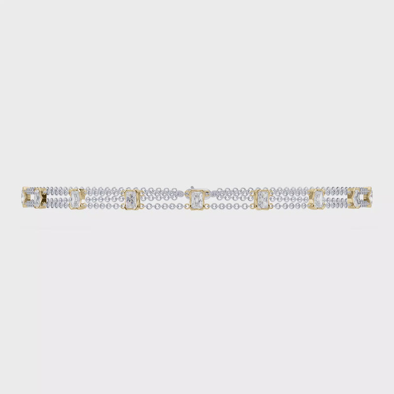 Full view of the Revel Radiant Lab Diamond Choker Necklace in 14K yellow gold, featuring layered dual chains and radiant-cut lab diamonds.

