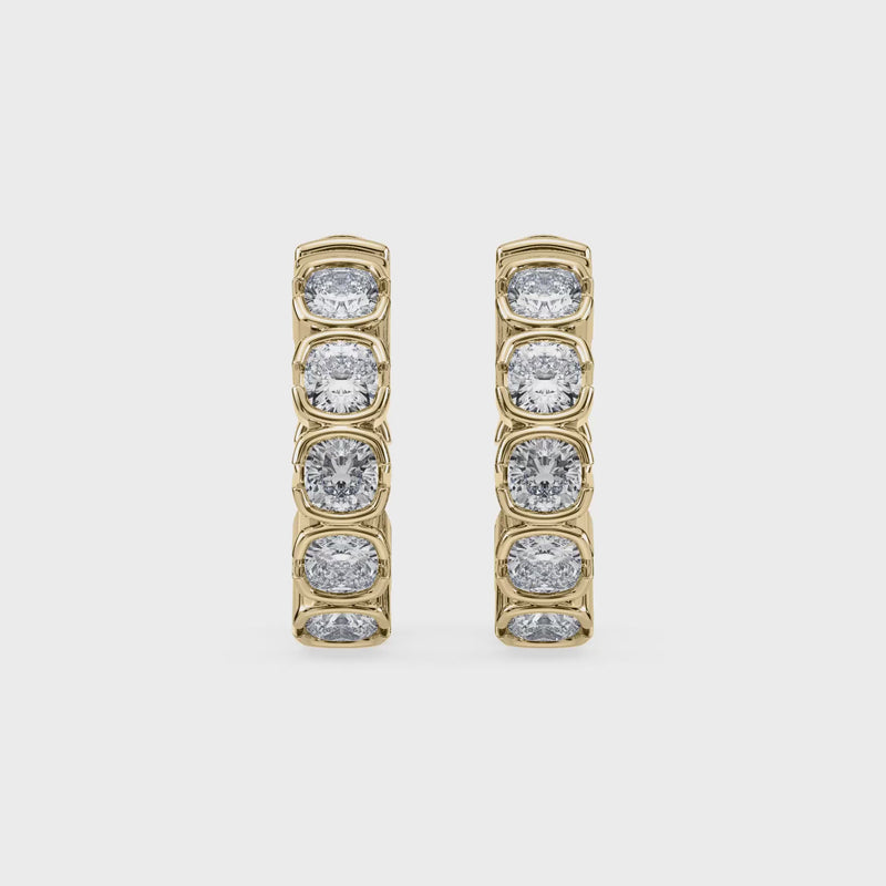 SETTE JEWELRY; MUSE HUGGIES HOOPS; CUSHION LAB DIAMOND HOOPS; BEZEL HUGGIES; 14K YELLOW GOLD